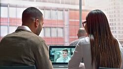 DS Business coworkers on video call with project manager Stock Footage