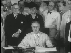 U.S. President Franklin D. Roosevelt speaks about social security, unemployment insurance, and pensions after signing the Social Security Act. News Clip