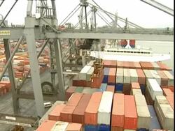 Container being lifted from ship, Container Terminal, Southampton, UK Stock Footage