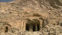 Pillars support a the cave opening of an abandoned emerald mine in the ancient town of Sikait, Egypt. Stock Footage