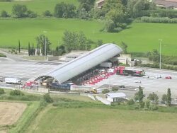 WS AERIAL View of toll plaza near Aigues Mortes city / Languedoc Roussillon, France Stock Footage