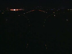 Aerial, night, Van Nuys Airport,  airplane POV taking off with runway lights / San Fernando Valley, California, United States Stock Footage