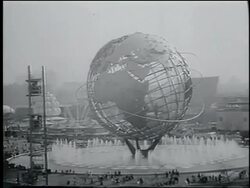 B/W 1964 cable car point of view of Unisphere at NY World's Fair Stock Footage