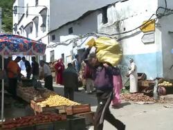  MS Street sellers in market  / Chefchauen, Unspecified, Morocco  Stock Footage