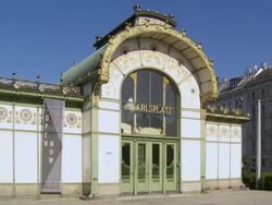 PAN Karlsplatz (Charles' Square) Station Building (Karlsplatz Stadtbahn Station) in Vienna - Motion Controlled Shot. Stock Footage