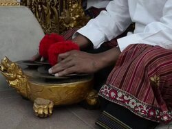 MS Balinese musicians playing traditional Gamelan Orchestra in Pura Dalem Puri temple AUDIO / Ubud, Bali, Indonesia Stock Footage