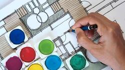 Designerï¿½s hand working with home floor plan Stock Footage