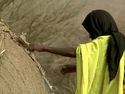 Afar woman fixing straw on hut Stock Footage