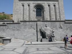 Yerevan, Matenadaran, Mashtots institue of ancient manuscripts, statue of Saint Mesrop Mashtots in the front of the museum Stock Footage