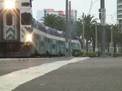 (HD1080i) Double Decker Commuter Train Crosses Stock Footage