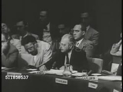 1950: UN ASSEMBLY: HA WS People seated in auditorium room. U.S. delegate to United Nations Warren Austin (SOT) saying Soviet USSR is not one of 53 UN nations supporting South Korea. The Cold War. Instructional Video