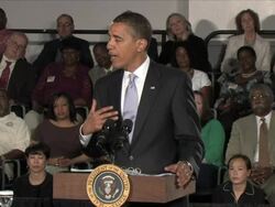 July 2, 2009 MS President Obama giving speech at townhall meeting about the importance of reforming the US healthcare system / Annandale, Virginia / AUDIO Stock Footage