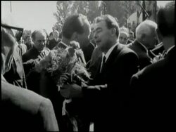 Alexander Dubcek and Soviet premier Leonid Brezhnev hug and kiss after their 1968 Prague Spring meeting in Czechoslovakia. News Clip