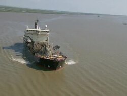 AERIAL WS View of cargo ship on river / New Orleans, Louisiana, United States Stock Footage
