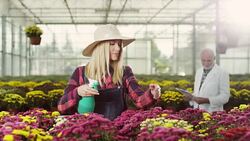Young woman refreshing plants Stock Footage