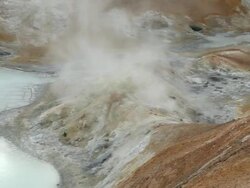 CU Steam coming out of earth's crust, rock formations formed from geothermal activity at leirhnjukur / Krafla, Myvatn region, Iceland Stock Footage