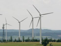 WS TU Wind turbines in rural landscape, Thuringia, Germany Stock Footage