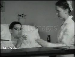1937: HEART DISEASE: DRAMATIZATION: Nurse w/ by bedside of young adult 'Charlie Abbott' giving him pill & water. FLASHBACK: 'Charlie Abbott' at 7 years old, mother taking care of him, resting on daybed, giving soup as siblings eat at table. Instructional Video