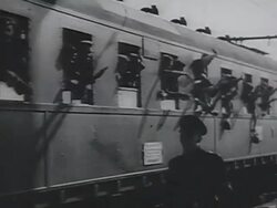 MS Man standing on platform at train station, near nazi officer, salutes and smiles AUDIO / Russia  Stock Footage