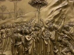 Religious bronze mural on Baptistery door, Florence Stock Footage