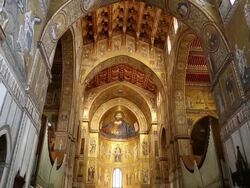 Monreale Cathedral, interior, the dome and ceiling with the mosaic of Christ as Pantocrator , Palermo, Sicily. Stock Footage