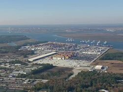WS AERIAL View of container port at Charleston city / South Carolina, United States Stock Footage