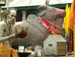 Block shot tantric saint drumming kedarnath temple uttarakhand Stock Footage