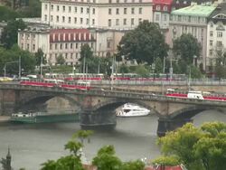 Prague Trams at River Vltava, Czech Republic, Eastern Europe Stock Footage