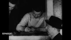 1912 DRAMATIZATION: EXT Stable w/ sign on building. VS Horse auctions. EXT Shamrock Tavern. Bar crowded w/ people. NIGHT: Old horses being led into back of stable in dark. Race horses being led away from stable attached to wagon. Instructional Video