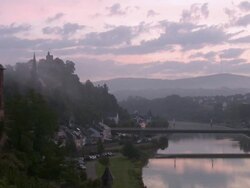 WS View of old town with castel ruin / Saarburg, Saar-Valley, Rhineland-Palatinate, Germany Stock Footage