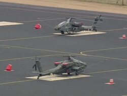 MS AERIAL Shot of National Guard Apache Helicopters / North Carolina, United States Stock Footage