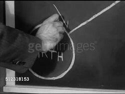 1953: VIKING ROCKET PROJECT: VS Lightning single phase rocket taking off, climbing, reaching 138 miles altitude. MS Earth to Moon as example on blackboard, CU Following line from Earth to Moon again [VO Milton Rosen]. Instructional Video