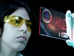 Female Chemist Holding laboratory touch screen. Stock Footage