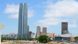 Oklahoma City Oklahoma OK, OKC, city skyline from Expressway of downtowm Stock Footage