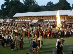 MS Shot of Medieval party showing marriage of 1475 with medieval clothing at night camp, Landshuter Hochzeit 1475 / Landshut, Bavaria, Germany Stock Footage