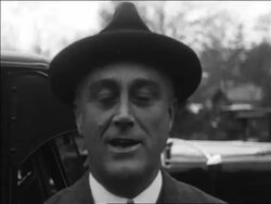 B/W 1932 close up Franklin Roosevelt talking + taking off hat / accepting nomination Stock Footage