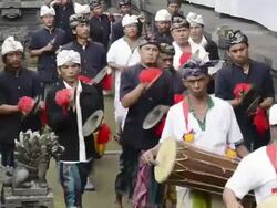 MS PAN Balinese people make procession with Gamelan music in Besakih temple for ceremony / Besakih, Bali, Indonesia Stock Footage