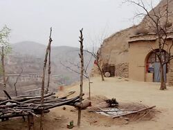 MS Shot of Caves at valley / Valley of Yellow River, Shanxi, China Stock Footage