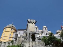Sintra, Pena National Palace, view of the outer walls of the palace Stock Footage