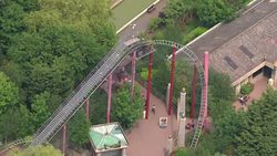 Aerials of Rattlesnake Roller-Coaster at Chessington World of Adventures Theme Park News Clip