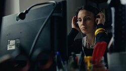 Woman at office change mood with music Stock Footage