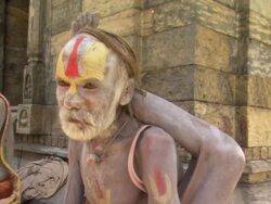 MS PAN Sadhu putting foot behind his head / Kathmandu, Central Region, Nepal Stock Footage