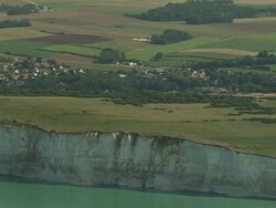 AERIAL, White cliffs and fields of Mers les Bains, Picardie, France Stock Footage