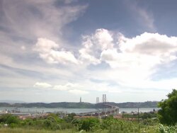 WS View of Tagus River with "Ponte 25 de Abril" and "Cristo Rei" / Lisbon, Portugal   Stock Footage