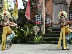 MS Two girl dancers performing Barong Dance near Temple AUDIO / Batubulan, Bali, Indonesia Stock Footage