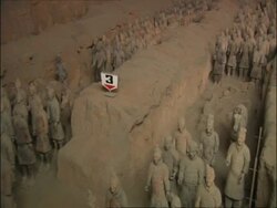 Pan right over Terracotta Army, Museum of Qin, Xian, China Stock Footage