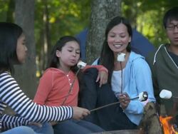 MS PAN Family on Camping Vacation, Roasting Marshmallows Over Camp Fire / Richmond, Virginia, United States Stock Footage