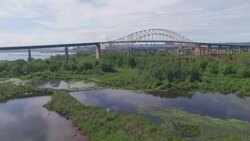 Whitefish Island and bridge to Canada in Sault Ste Marie, Ontario Stock Footage