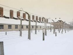 MS Shot of Building behind barbed wire fence at Auschwitz with snow rain / Auschwitz-Birkenau, Krakow, Poland Stock Footage