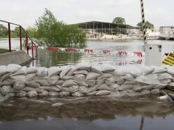 May 9, 2011 Mississippi River Flooding sandbags protecting a condo subdivision in Memphis, Tennessee, USA Stock Footage